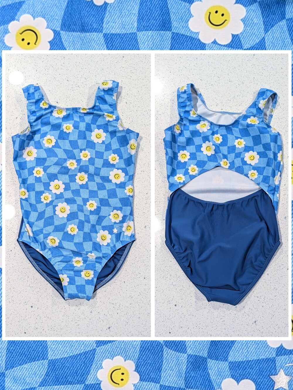 HAPPY FACE Destira Gymnastics Dance Leotard Large Blue DENIM DAZE Checkered 70's